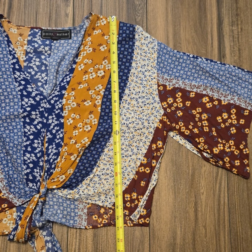 Polly & Esther Blue and Mustard Mixed Floral Tie-Front Blouse - Picture 8 of 10